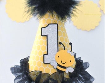 Bee Mini Party Hat, Bee Party Hat, Bee Birthday Hat, Mini Size, Honeycomb Pattern, Black, Yellow, Silver
