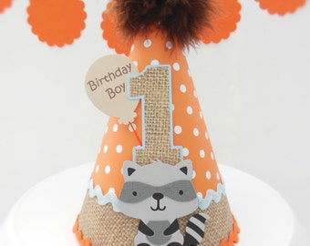 Raccoon Party Hat, Woodland Party Hat, Woodland Animals, Orange Polka Dot, Burlap Pattern, Light Blue, Brown, Grey, Personalized