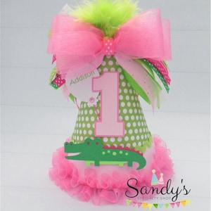 Alligator Party Hat, Alligator Birthday Hat, Preppy Alligator, Bayou Theme, Green Polka Dot, Pink, Personalized