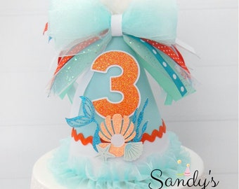 Seashell Party Hat, Seashell Birthday Hat, Mermaid Party Hat, Sea Theme, Light Aqua Blue, Orange, White, Personalized