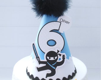 Ninja Party Hat, Ninja Birthday Hat, Ninja Theme, Ninja Birthday, Blue, White, Black, Personalized