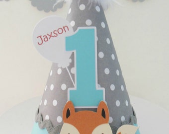 Fox Birthday Party Hat, Woodland Party,  Woodland Theme, Gray, White Polka Dot, Aqua Teal , Personalized