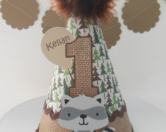 Raccoon Birthday Party Hat, Woodland Party Hat, Woodland Animals, Forest Trees Pattern, Burlap Pattern, Brown, Personalized