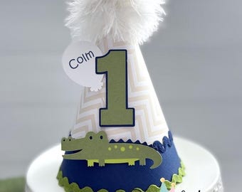 Alligator Party Hat, Alligator Birthday Hat, Bayou Theme, Preppy Alligator, Neutral Chevron, Blue, Green, Personalized