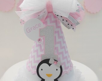 Penguin  Birthday Party Hat, Winter Wonderland, Winter Onederland, Girl Birthday Party Hat, Pink Chevron, Silver, White, Personalized