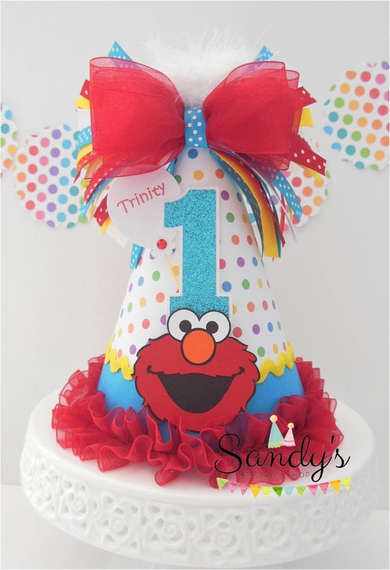 Elmo Birthday Party Hat -Sesame Street Party Hat - Red, Turquoise, Rainbow Dot, Yellow - Personalized Il_570xn