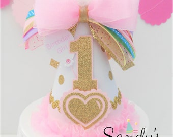 Valentine's Day Birthday Party Hat, Sweetheart, Heart Party Hat, Pink, White, Gold, Glitter, Personalized