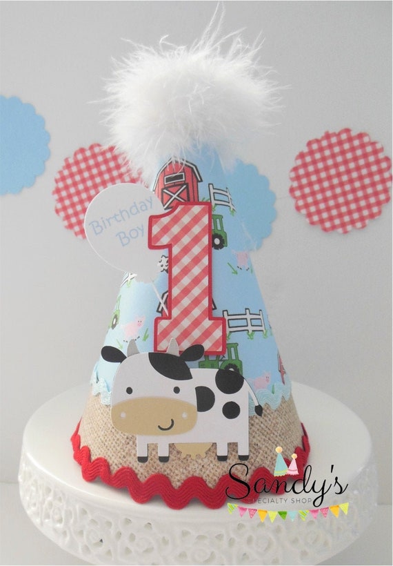 Cow Birthday Party, Farm Party Hat, Barnyard Bash Party, Cow Pattern, Farm Pattern, Burlap Pattern, Red Gingham, Personalized Il_570xn