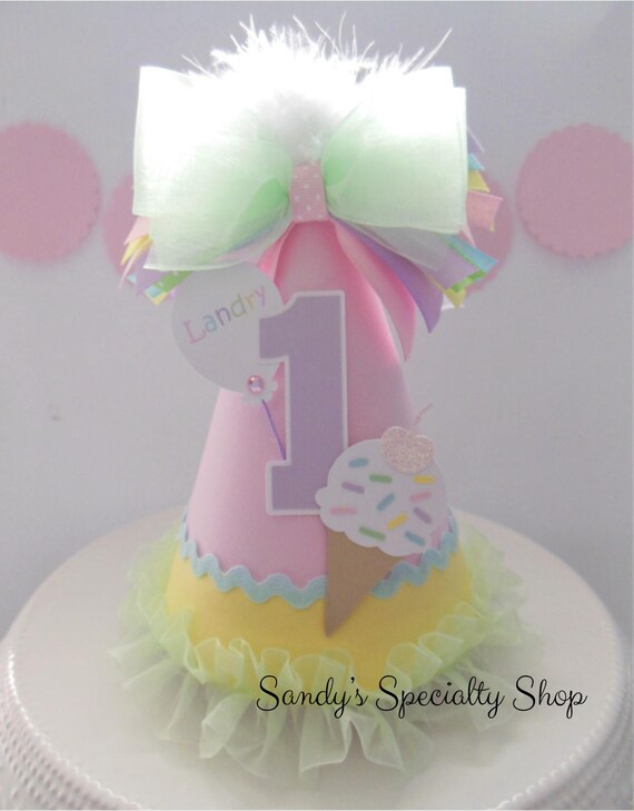 Pink and Pastel Ice Cream Birthday Party Hat - Light Pink Yellow, Purple, Mint Green and Blue - Personalized Il_570xn
