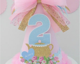 Tea Party Birthday Party Hat, Tea for Two Party Hat, Pink, Light Blue Glitter, Gold Glitter, Personalized