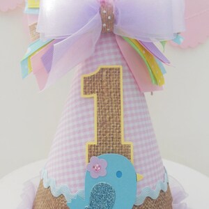 Bird Burlap and Pink Gingham Birthday Party Hat, Pastels Light Yellow, Light Purple, Blue, Pink and Burlap, Personalized image 4