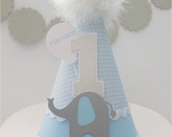 Elephant Birthday Party Hat, Elephant Party, Baby Blue Gingham, Baby Blue, Silver and White, Personalized