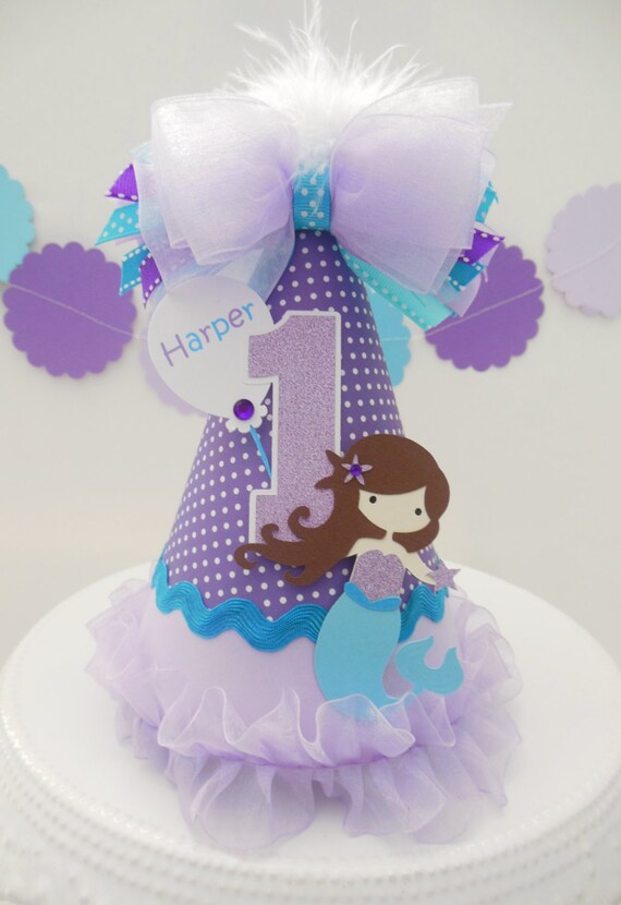 Mermaid Birthday Party Hat, Sea Party, Purple Polka Dot and Aqua, Personalized Il_570xn