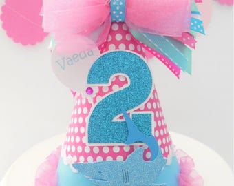 Shark Birthday Party Hat, Swim Party, Hot Pink, Candy Pink, Aqua, Aqua Teal,  White, Personalized