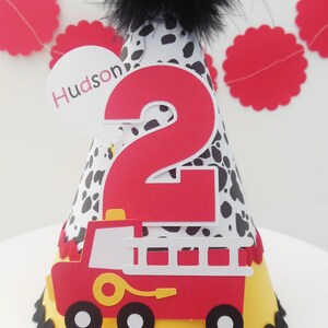 Firetruck Birthday Party Hat, Firetruck Party, Dalmation Print, Black, Red and Yellow, Personalized image 3