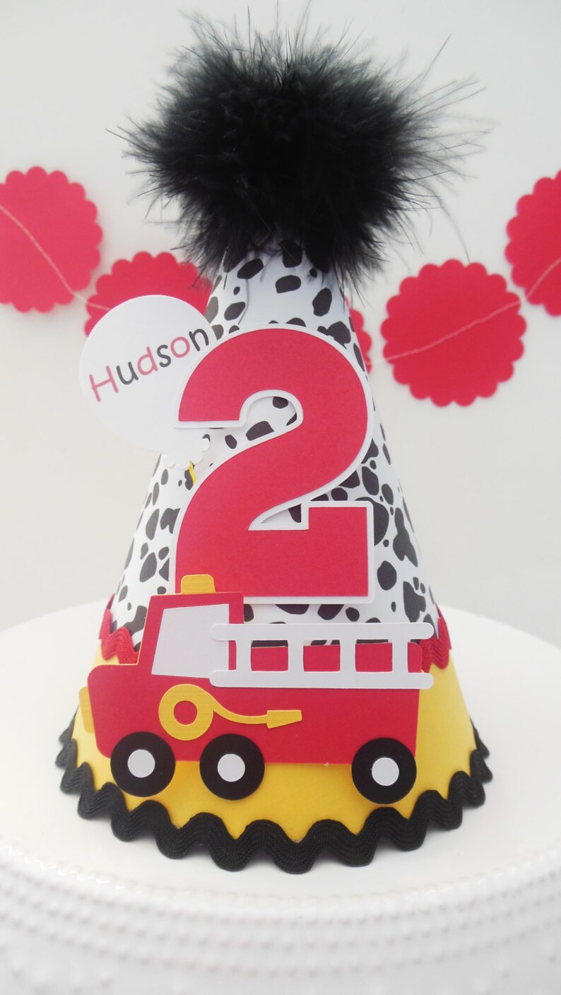 Firetruck Birthday Party Hat, Firetruck Party, Dalmation Print, Black, Red and Yellow, Personalized image 3