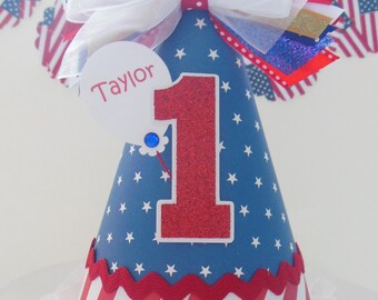 Stars and Stripes Birthday Party Hat, 4th of July Birthday , Personalized