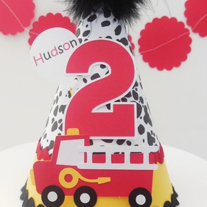 Firetruck Birthday Party Hat, Firetruck Party, Dalmation Print, Black, Red and Yellow, Personalized image 1