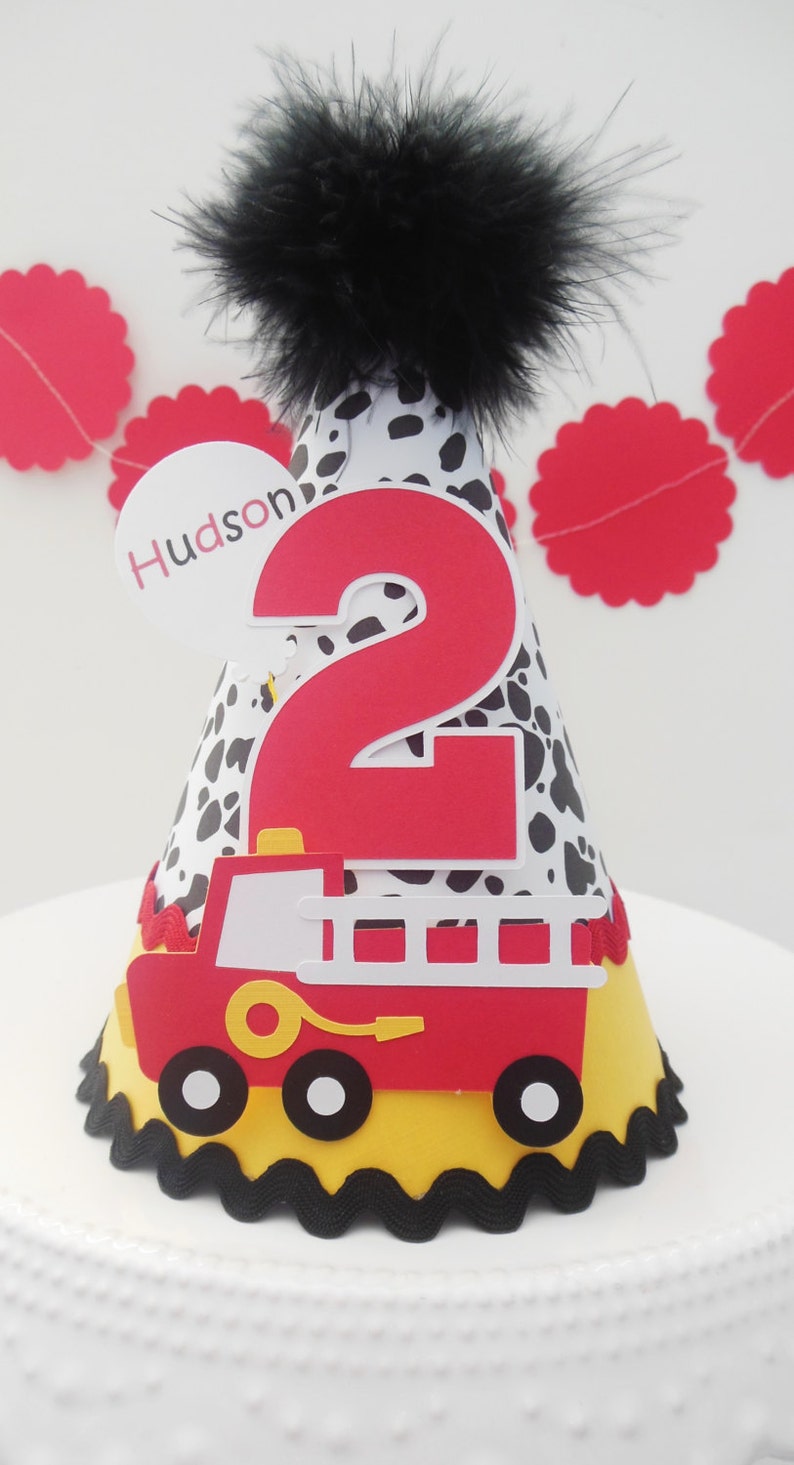 Firetruck Birthday Party Hat, Firetruck Party, Dalmation Print, Black, Red and Yellow, Personalized image 1