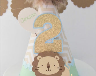 Lion Birthday Party Hat, Circus Birthday Party, Safari Birthday Party Hat. Tan Chevron, Mint, Blue, Personalized.