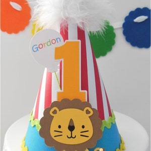 Circus Party Hat, Circus Birthday Hat, Lion Party Hat, Lion Birthday Hat, Circus Theme, Red Stripe, Turquoise, Lime, Personalized