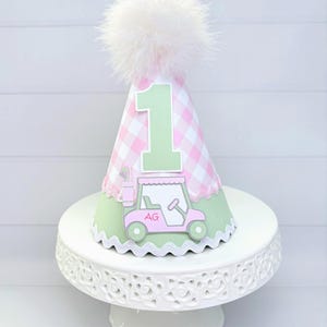 Golf Party Hat, Pink Golf Birthday Hat, Golf Party, Hole in One Party Hat, Pink Gingham, Plaid, Pastel Green, Personalized