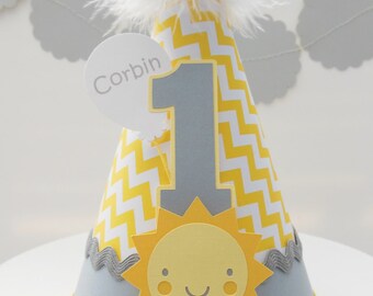 Sunshine Birthday Party Hat, Sunshine Party, Yellow Chevron, Yellow, Gray, White, Personalized