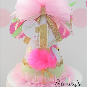 Flamingo Birthday Party Hat, Tropical Party Hat, Light Pink, Green, Gold / Glitter Gold , Personalized