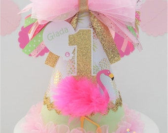 Flamingo Birthday Party Hat, Tropical Party Hat, Light Pink, Green, Gold / Glitter Gold , Personalized