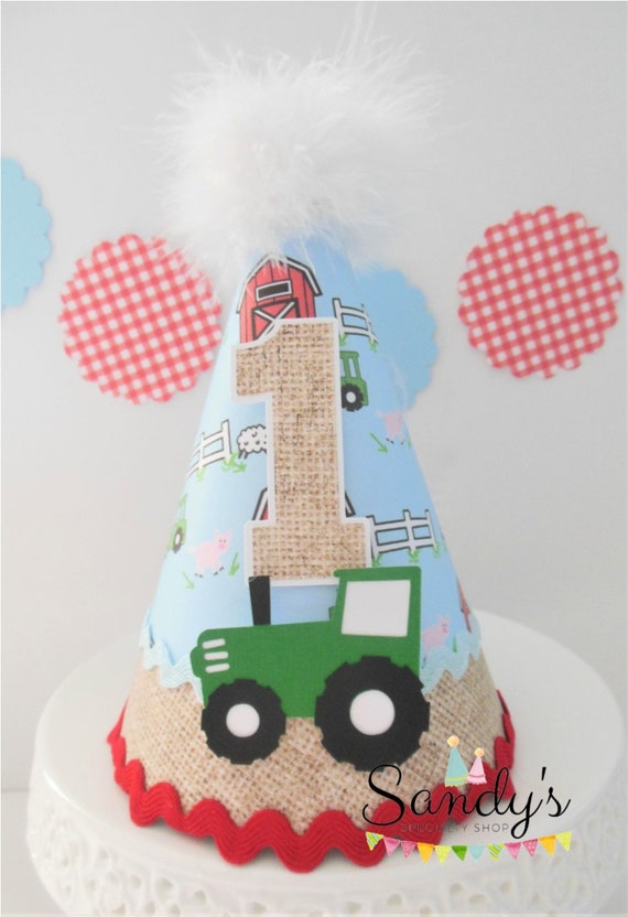 Tractor Birthday Party, Farm Party Hat, Barnyard Bash Party, Cow Pattern, Farm Pattern, Burlap Pattern, Personalized Il_570xn