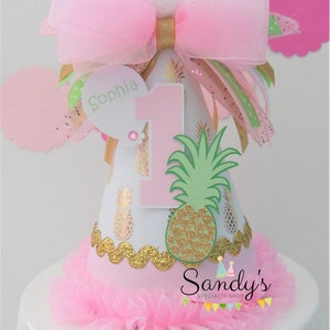 Pineapple Luau Birthday Party Hat, Pineapple, Light Pink, Mint Green, Gold, Glitter Gold, Personalized