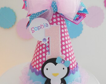 Penguin Birthday Party Hat, Hot Pink, Aqua, Purple and Light Pin , Personalized