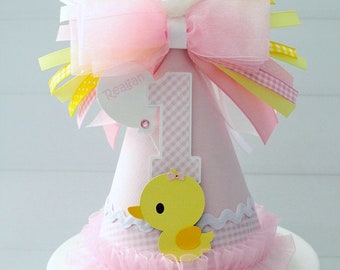 Rubber Duck Party Hat, Rubber Duck Birthday Party Hat, Duck Paty Hat, Farm Party Hat, Pink, Pink Gingham, White, Personalized