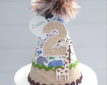 Zoo Party Hat, Giraffe Party Hat, Safari Birthday Hat, Two the Zoo, Baby Animal Print, Burlap, Neutral Tones, Green