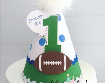 Football Birthday Party Hat, Football Team Colors, Football Party,  Blue Polka Dot, Green, White, Brown, Personalized