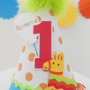 Pinata Party Hat, Pinata Birthday Hat, First Fiesta, Uno Party, Cinco de Mayo Birthday, Orange Polka Dot, Turquoise, Red, Personalized