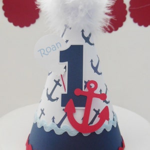 Sailor Birthday Party Hat, Nautical Party Them, ,Anchor Birthday Party Hat, Blue, White, Red, Personalized image 1