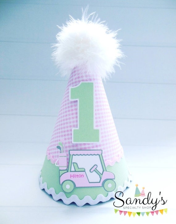 Golf Party Hat, Golf Birthday Party Hat, Golf Party, Hole In One Party Hat, Pink Gingham, Baby Pink, Grey, Pastel Green, Personalized Il_570xn