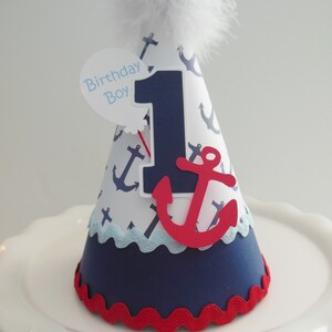 Sailor Birthday Party Hat, Nautical Party Them, ,Anchor Birthday Party Hat, Blue, White, Red, Personalized image 6