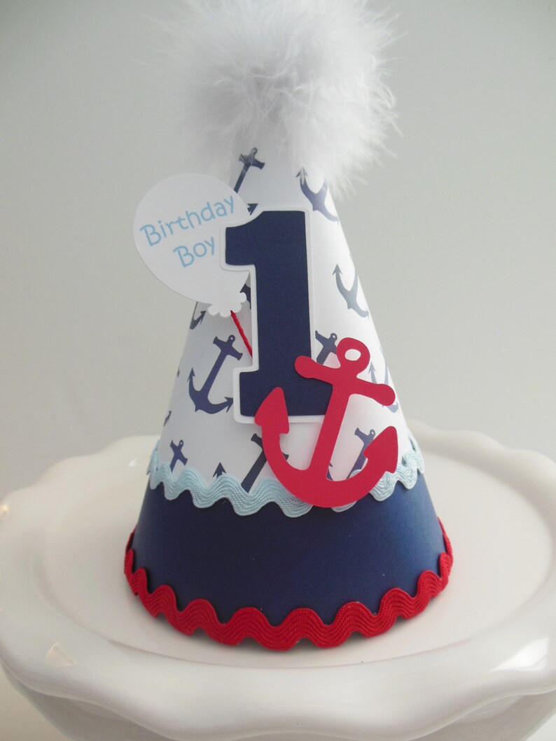 Sailor Birthday Party Hat, Nautical Party Them, ,Anchor Birthday Party Hat, Blue, White, Red, Personalized image 6