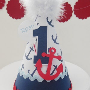 Sailor Birthday Party Hat, Nautical Party Them, ,Anchor Birthday Party Hat, Blue, White, Red, Personalized image 3