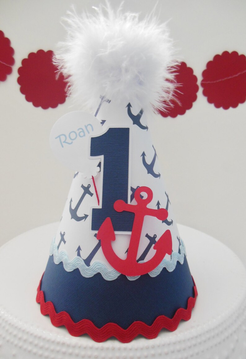 Sailor Birthday Party Hat, Nautical Party Them, ,Anchor Birthday Party Hat, Blue, White, Red, Personalized image 3