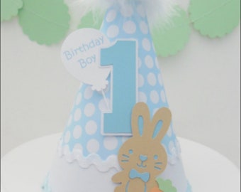 Easter Birthday Party Hat, Easter Bunny Party Hat, Spring Birthday, Bunny Party Hat,  My First Easter,  Light Blue,  White, Personalized