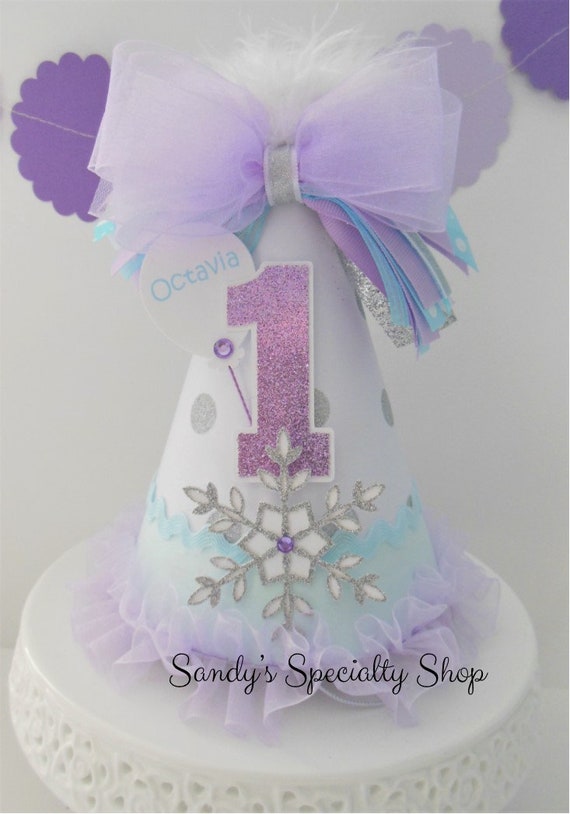 Frozen Silver Snowflake Princess - Winter Onederland Birthday Party Hat - Light Aqua, Lavender, Silver Dot - Personalized Il_570xn