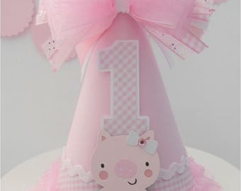 Pig Birthday Party Hat, Barnyard Party Hat, Farm Birthday Party Hat, Pink Gingham, Pink and White, Personalized