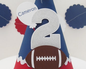 Football Birthday Party Hat, Football Party, Football Team Colors, Navy, Red, Silver and White, Personalized