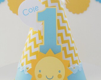 Sunshine Birthday Party Hat, Sunshine Party Hat, Sunshine Party Theme, Yellow Cheveron, Yellow, Aqua Blue, Personalized