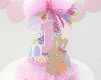 Easter Bunny Party Hat, Easter Birthday Hat, Easter Egg Pattern, Some Bunny is One Theme, Pink, Personalized