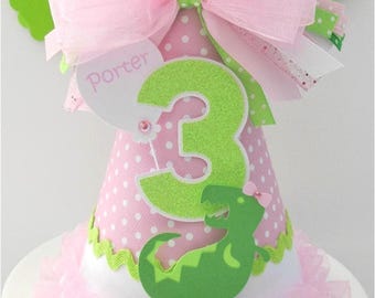 Dinosaur Party Hat, T-Rex Birthday, Three Rex Theme, Girl Dinosaur, Pink Dot, Green, Personalized