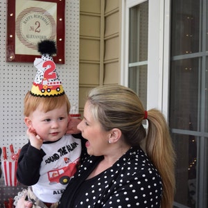 Firetruck Birthday Party Hat, Firetruck Party, Dalmation Print, Black, Red and Yellow, Personalized image 4